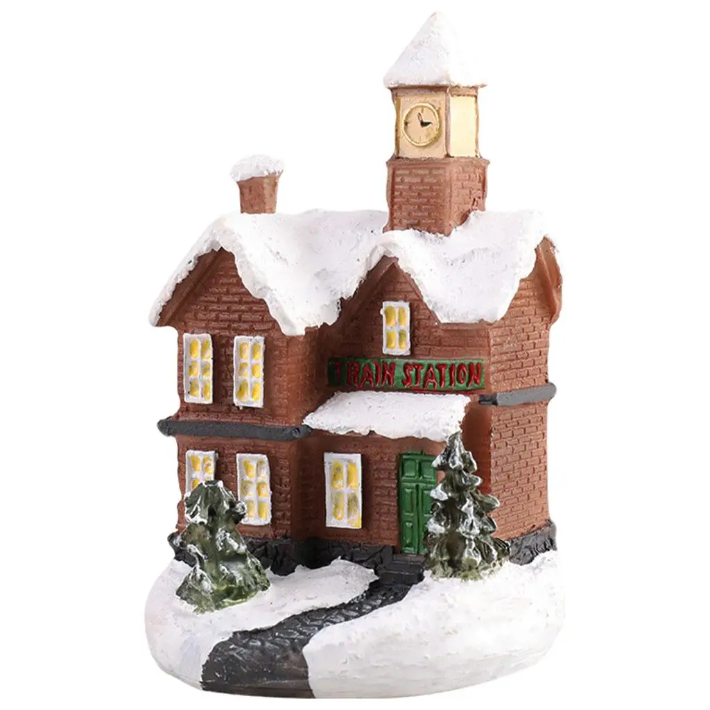 Mini House Model LED Christmas Decoration Resin Snow Village Gift Decor for Holiday Arrangements