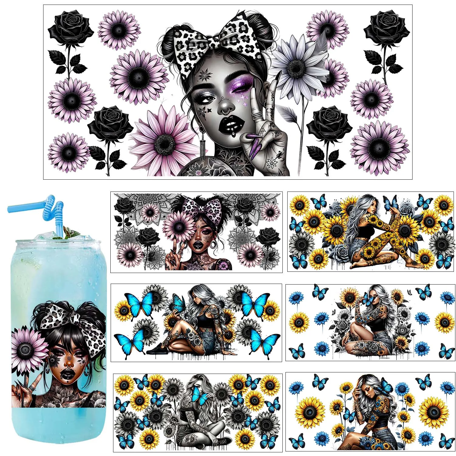 Black women Tattoo Girls UV transfer Sticker Party DIY Decals 3D transfers uvdtf tumbler seal stickers 16oz uv dtf cup wraps