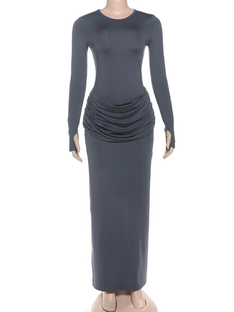 Chaxiaoa Long Sleeve Ruched Sexy Maxi Dresses for Women Gown Autumn Winter O Neck High Waist Bodycon Club Party Evening Dress