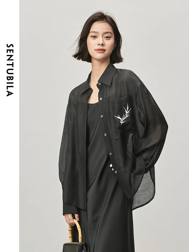 SENTUBILA Women Casual Lyocell Black Shirt 2024 Spring Autumn Bamboo Leaf Embroidery Loose Solid Clothing 143C56290