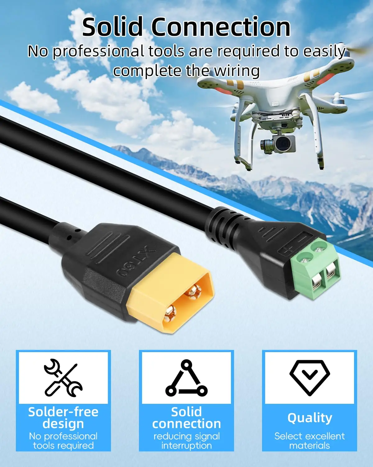 30cm/1Ft XT60 Male to 2pin Terminal Adapter Solderless XT60 Connector Cable for Portable Power Station, Drone, Solar Panel