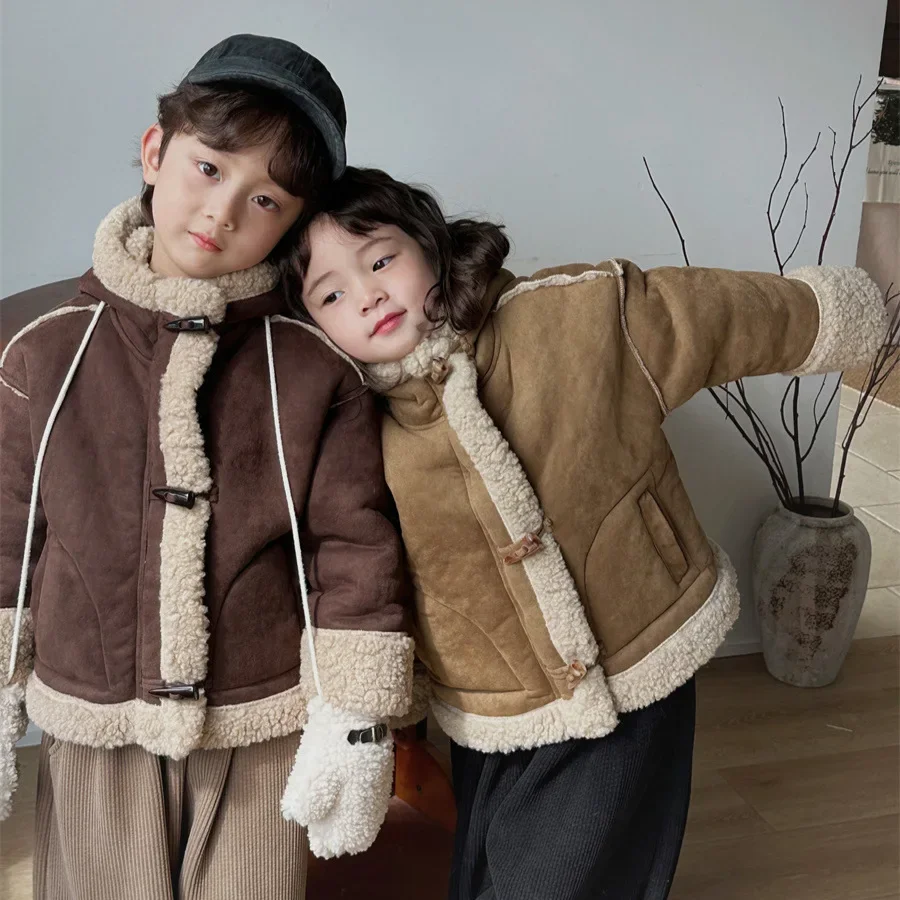 5057 Children Coat 2024 Winter New Composite Lambswool Coat for Boys and Girls Thickened Plus Velvet Jackets