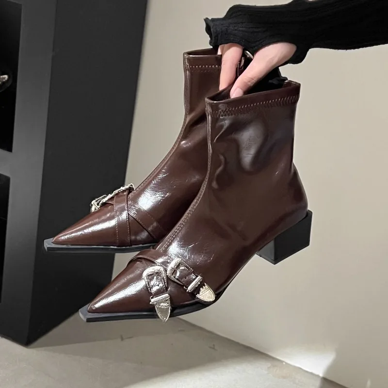 

Winter New Pumps Pointed Toe Chelsea Boots 2023 Mid Heels Women Designer Ankle Shoes Punk Fad PU Leather Botas Zapatos De Mujer