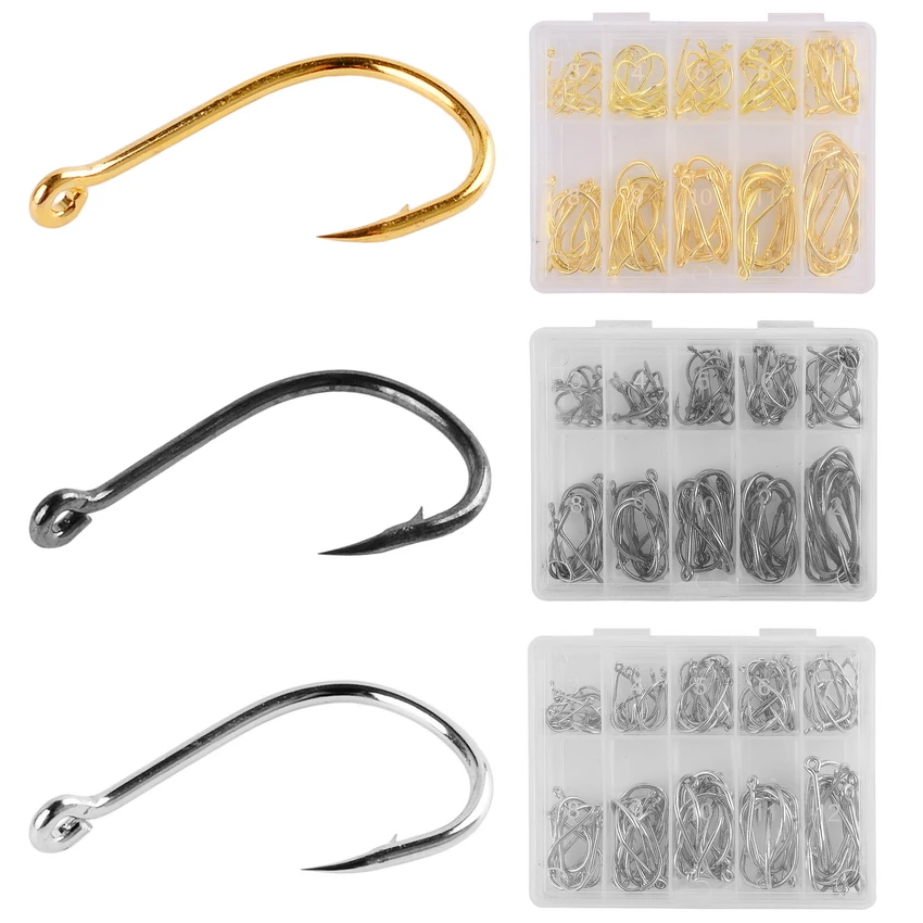 100 Pcs/Box Fishhook 10 Sizes 3#-12# Black Gold Silver Fly Fishing Hooks Jig Head Carp Fishing Hook Set Gear Fish Tackle Box