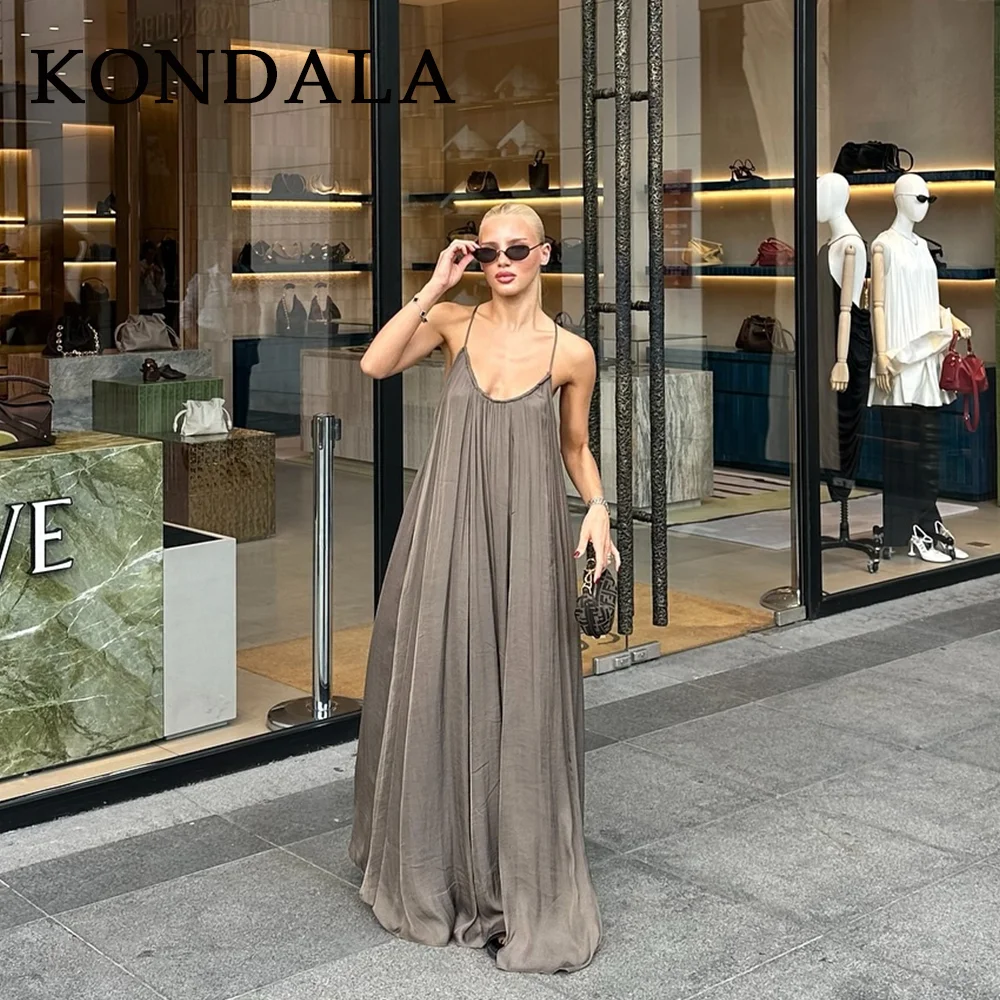 ชุดเดรสผ้าซาตินสไตล์สตรีทแวร์สำหรับผู้หญิง คอลเลคชั่นฤดูใบไม้ผลิ/ฤดูร้อน ปี 2025 แบรนด์ KONDALA แฟชั่นลำลอง สีพื้น โชว์หลัง คอทรงโอ แขนกุด ทรงหลวม