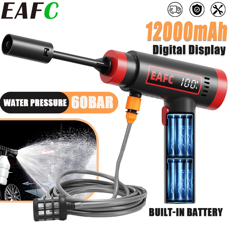 EAFC 60Bar Cordless High-Pressure Washer Water Gun Build In 12000mAh Lithium Battery Self Priming Sustain Machine for Auto Home