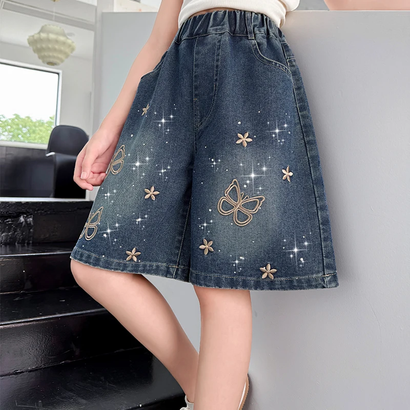 

Kids Summer Loose Casual Vintage Denim Shorts with Rhinestones for Girls Stylish Butterfly Jeans Pants Child Star Pattern Capris