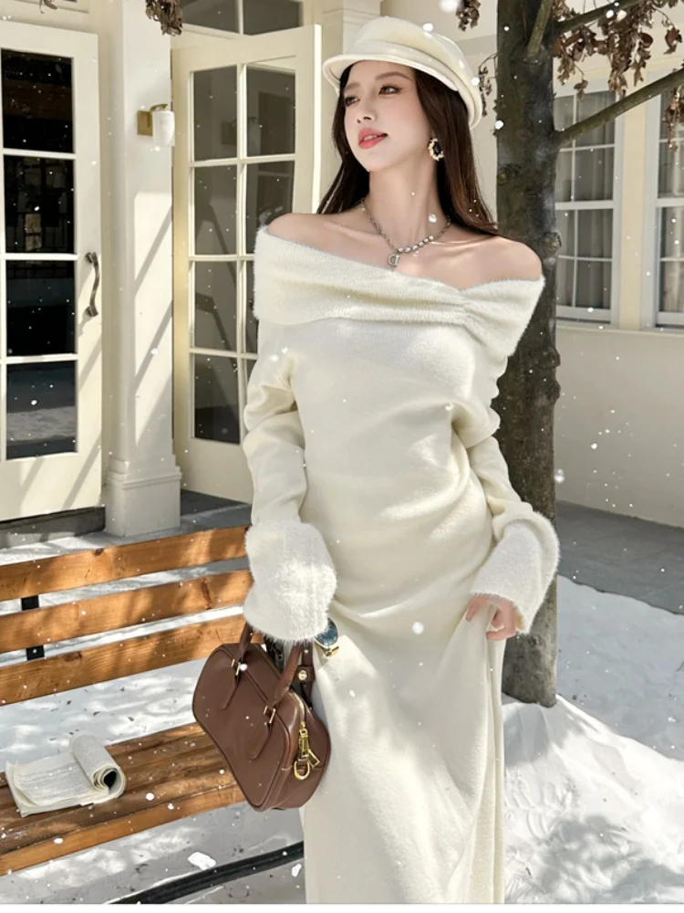 SMTHMA Sexy Slash Neck Super Style Sweater Knitted Dress Women's New Autumn Winter Elegant  Slim Soft Long Dresses Vestidos