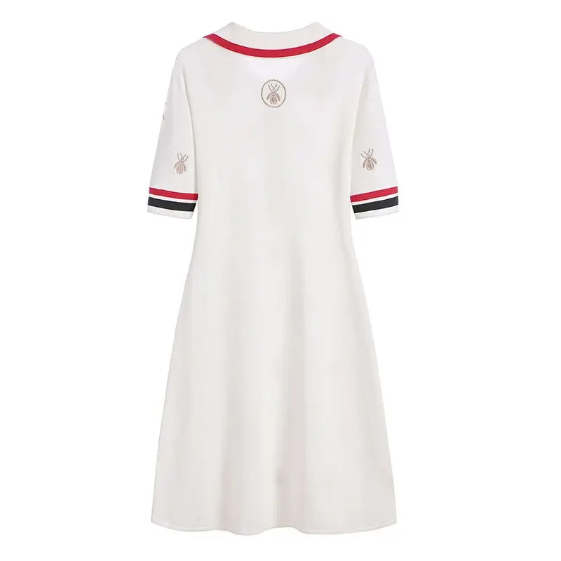 Cotton Knit Summer Dress for Women bee Embroidered Polo Dress Female Knee-length Straight Popular Casual White Sexy Dresses