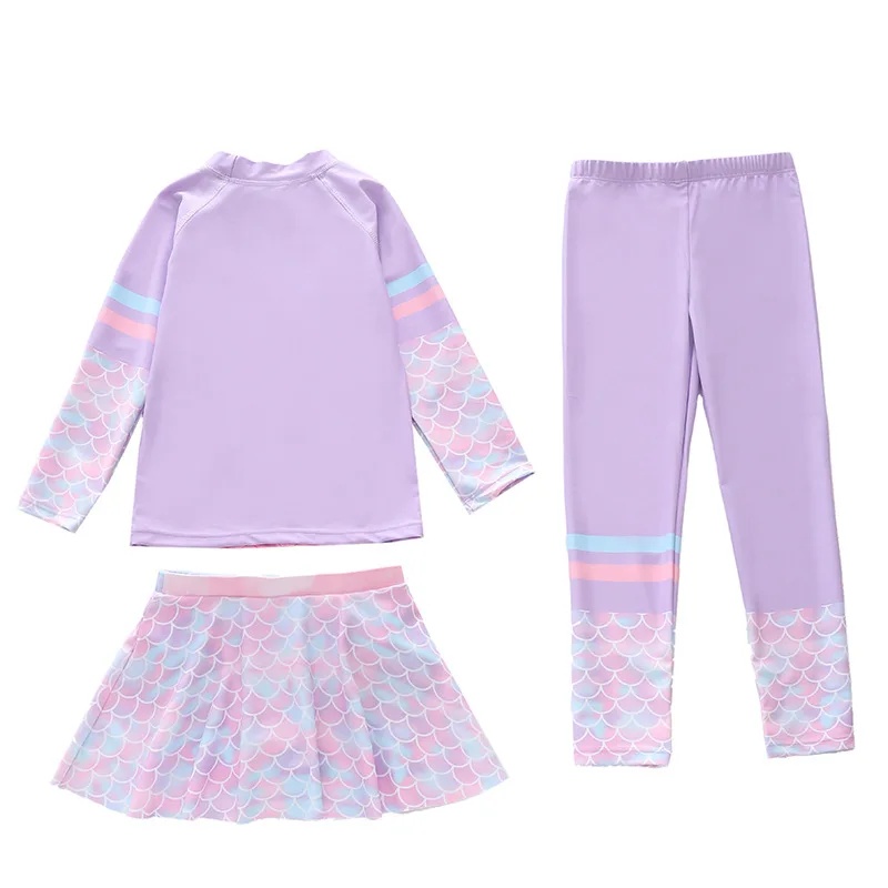 HappyFlute Summer 3 Pieces Set Mermaid Print Sunscreen Long Sleeves With Trousers Girls Swimsuit