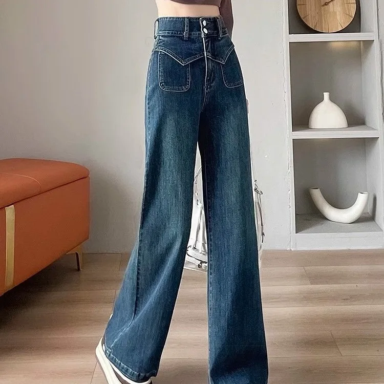 Women's Straight-cut Jeans New Style for Autumn and Winter, Denim Wide-leg Pants High Waist Versatile Slim-fitting Loose Hanging