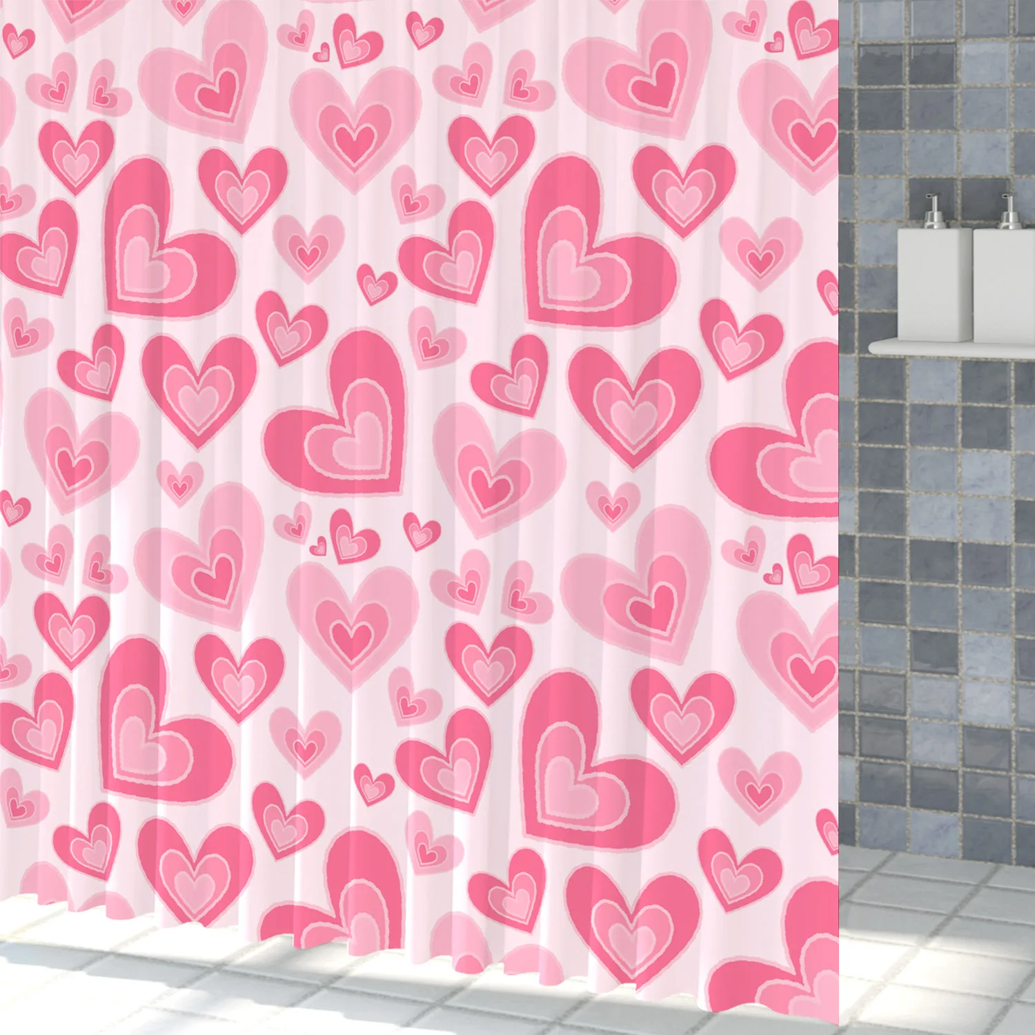 Pink Heart Shower Curtain Romantic Valentine\'s Day Bathroom Decoration Polyester Fabric Waterproof Hanging Curtains With Hooks