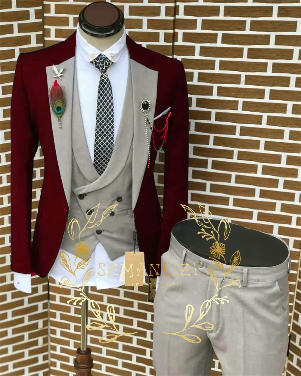 

Latest Designs Burgundy Blazer Light Grey Vest Pants Mens Suits 2022 Prom Tuxedos Slim Fit Terno Groom Dress Men Wedding Suits