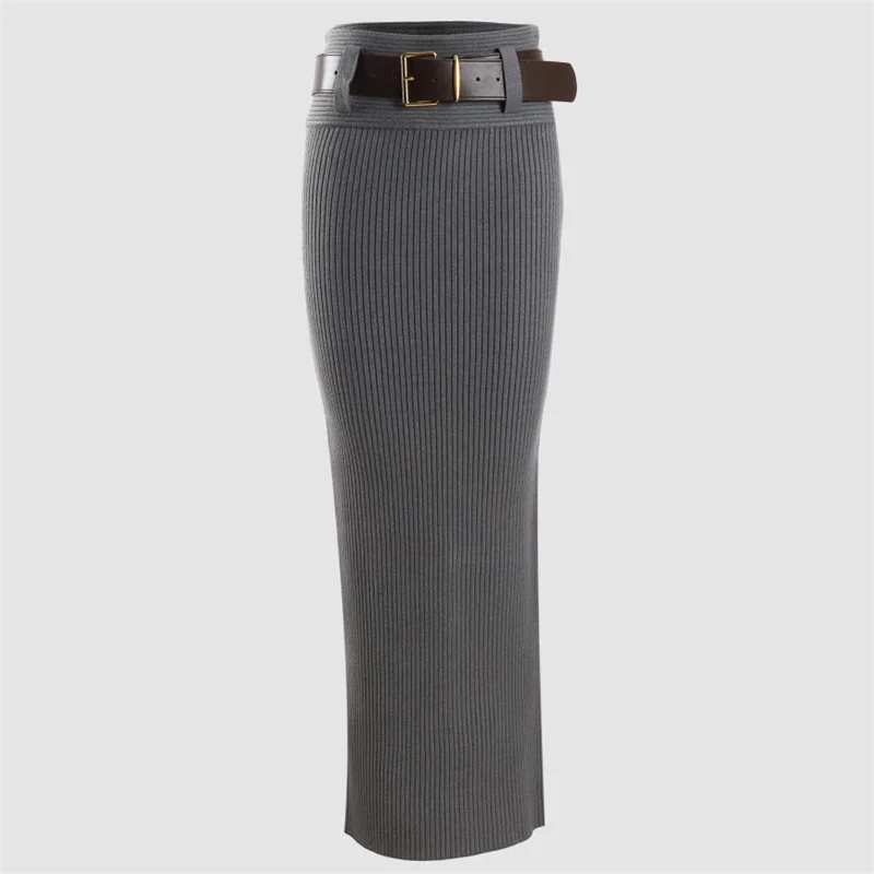 

Women's skirt 2025 Winter New elastic ribbed knitted women's half skirt Wool blend long skirt belt decoration hip hugging skir
