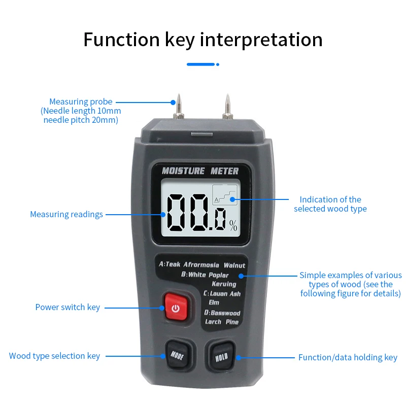 Wood Humidity Tester Timber Damp Detector with Large LCD Display Two Pins Digital Wood Moisture Meter 0-99.9%