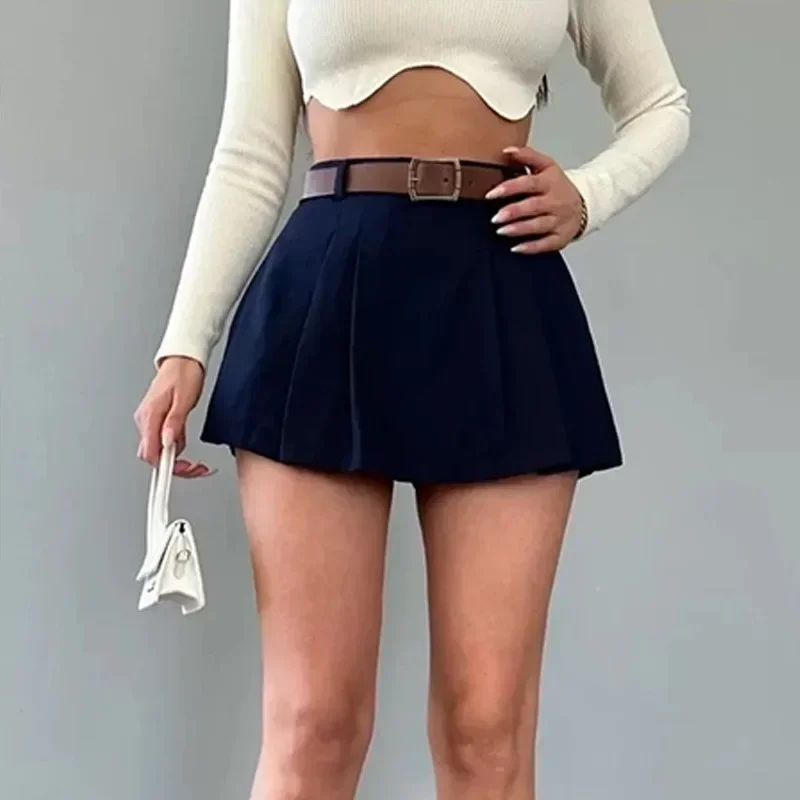 Vintage Solid Shorts Skirts For Women Autumn Casual Women's High Waist Pleated Mini Skirts Female Street Slim Shorts With Belt