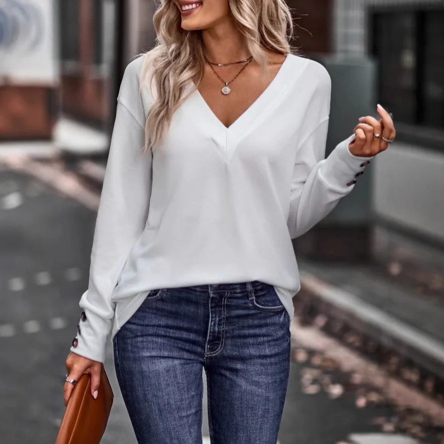 2025 Spring Auutmn Women's Long Sleeve Tops Solid Color Casual Ladies T-shirt V-neck Women's Bottoming Shirt Women's Undershirt