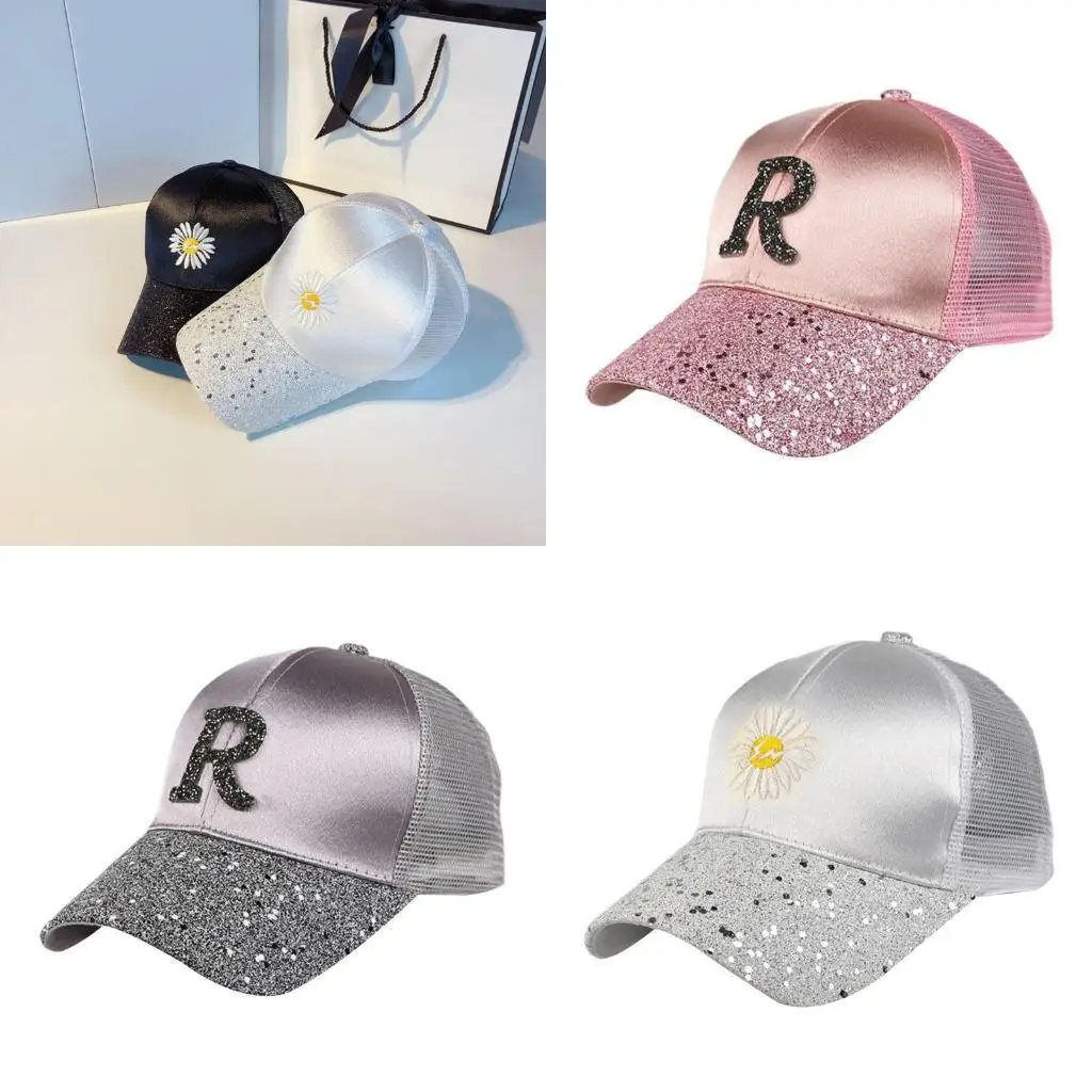R1WE المرأة الصيف شبكة الظهر بريق الترتر قناع قبعة بيسبول رسالة ديزي التطريز واقية من الشمس الهيب هوب حفلة ل H #1
