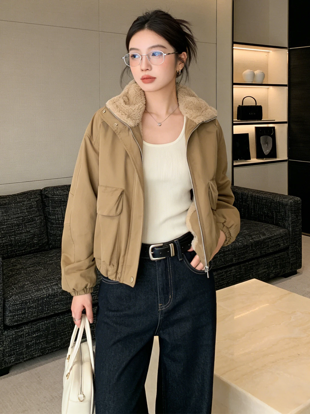 

Ladies Thiened Fce Lined Lamb Fur Jaet Retro Workwear Autumn Winter Sle Commute Loose Fit ort Coat Warmth
