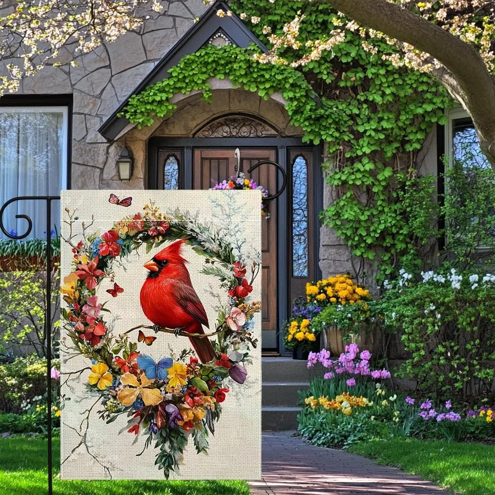 Red Bird Butterfly Flowers Garden Flag 12x18 Inch Double Sided Spring Summer Cardinal Colorful Floral Yard Outdoor Flag Holi AAS