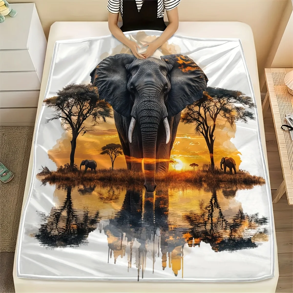 Elephant Sunset Scene Flannel Throw Blanket – Soft, Warm, and Cozy with Artistic Elephant & Savannah Design – Perfect for Sofa,