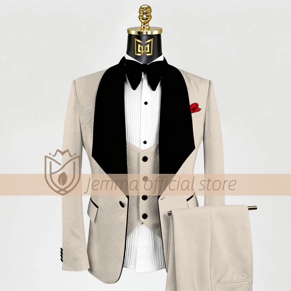 

Men's 3-Piece Shawl Lapel Jacquard Tuxedo Suit, Tailored Blazer, Vest & Trousers for Grooms & Weddings