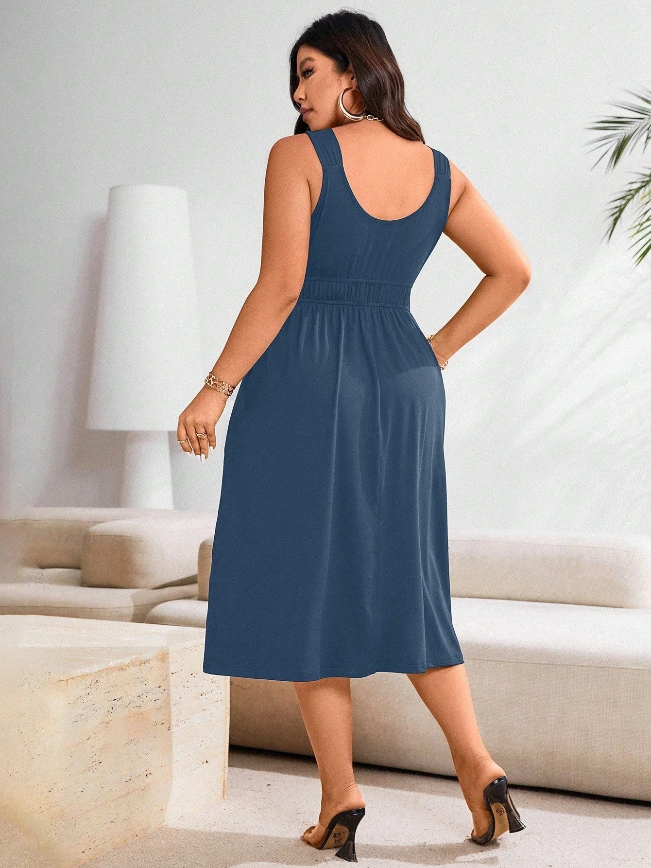 

Plus Size Solid Color Pleated Casual Summer Midi Dress For Women