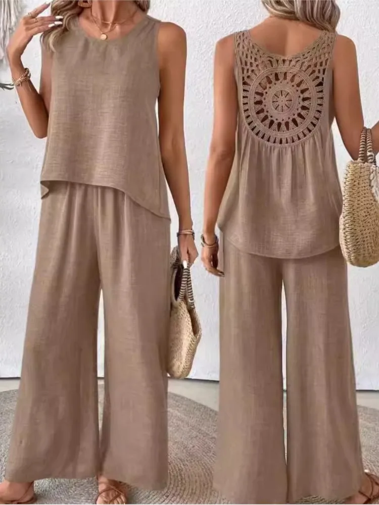 

Fashion Back Lace Hollow Women's Set Summer Casual O-neck Tank Loose Wide Leg Pants Set Elegant Two Piece Sets For Women Outfit