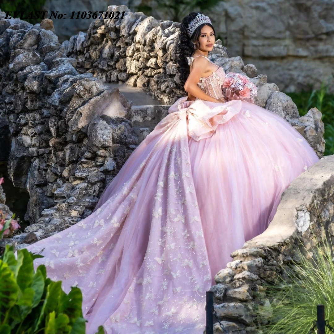 EVLAST gaun manik-manik Applique kupu-kupu 3D gaun bola gaun merah muda Quinceanera Meksiko dengan korset pita manis 16 Vestidos De Anos SQ363