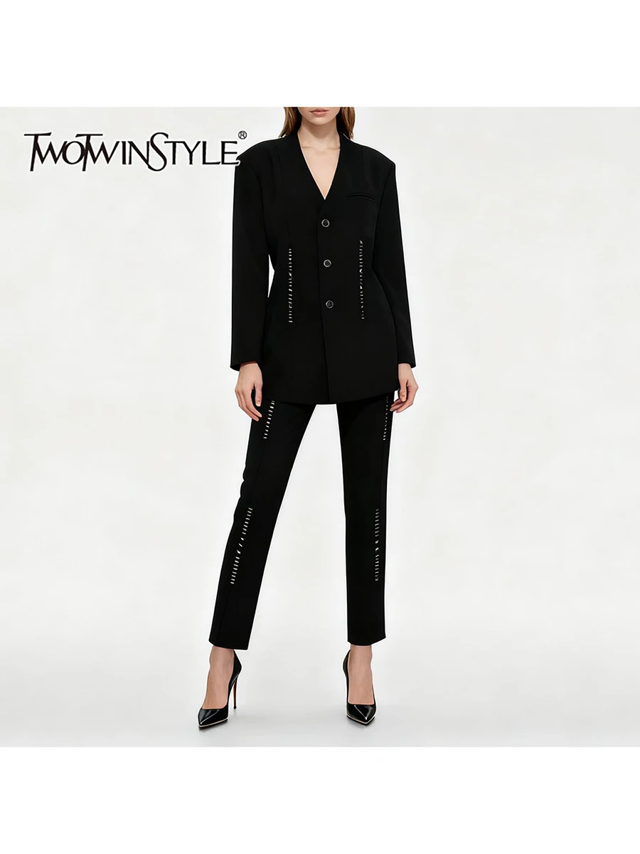 

TWOTWINSTYLE, утягивающий яркий комплект из двух предметов для женщин, пиджак с v-образным вырезом и длинными рукавами, модный женский комплект брюк с высокой талией