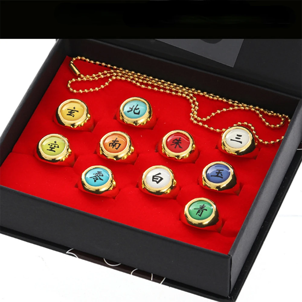 Naruto Akatsuki Rings 10 Style Cosplay Costume Accessories Itachi Pain Necklace Friend Bithday Gift Box Cool Anime Collection