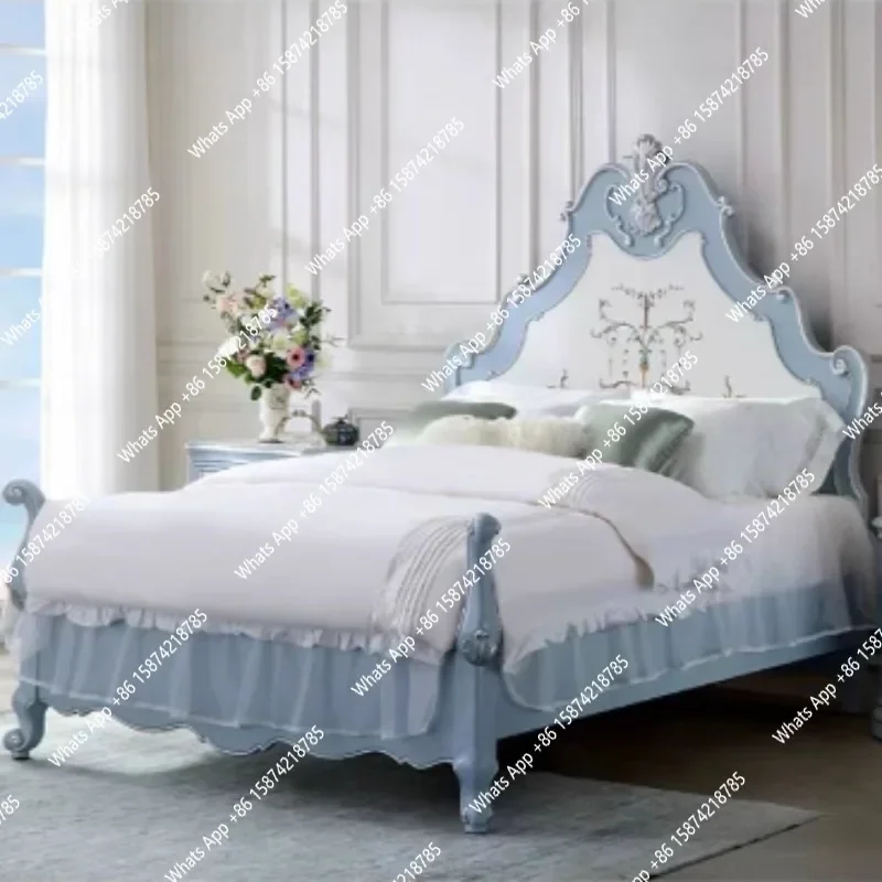 A69 French Light Luxury Solid Wood Carving Flower Double Bed Painted Princess Bed European Villa Luxury Master Bedroom Wedding B