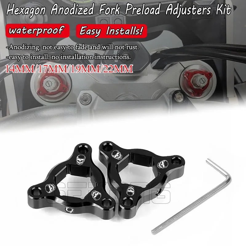 

2 шт. универсальный мотоциклетный алюминиевый передний амортизатор с ЧПУ, шестигранник, анодированная вилка, комплект регуляторов предварительной нагрузки 14/17/19/22 мм