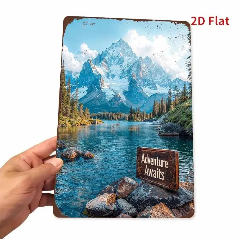 مسطح ثنائي الأبعاد، قطعة واحدة من لافتة معدنية عتيقة ثنائية الأبعاد، "مغامرة بحيرة جبل ثلجية - زخرفة لوحة من القصدير"، مثالية للمنزل، غرفة المعيشة