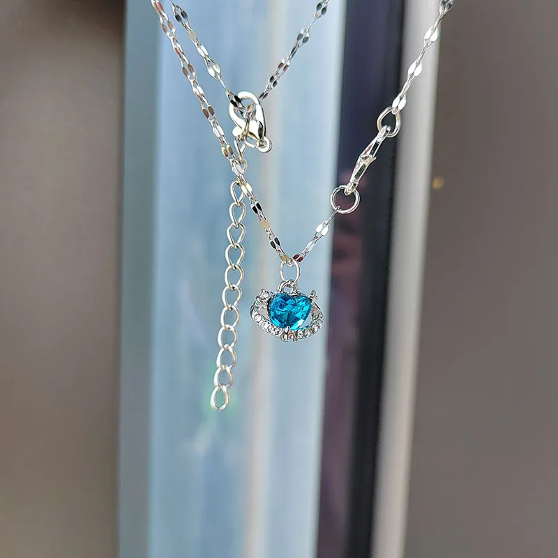 Ocean Heart Shaped Necklace With Blue Crystal Stone Pendant Planet Necklace for Women Wife Anniversary Valentine Birthday Gift