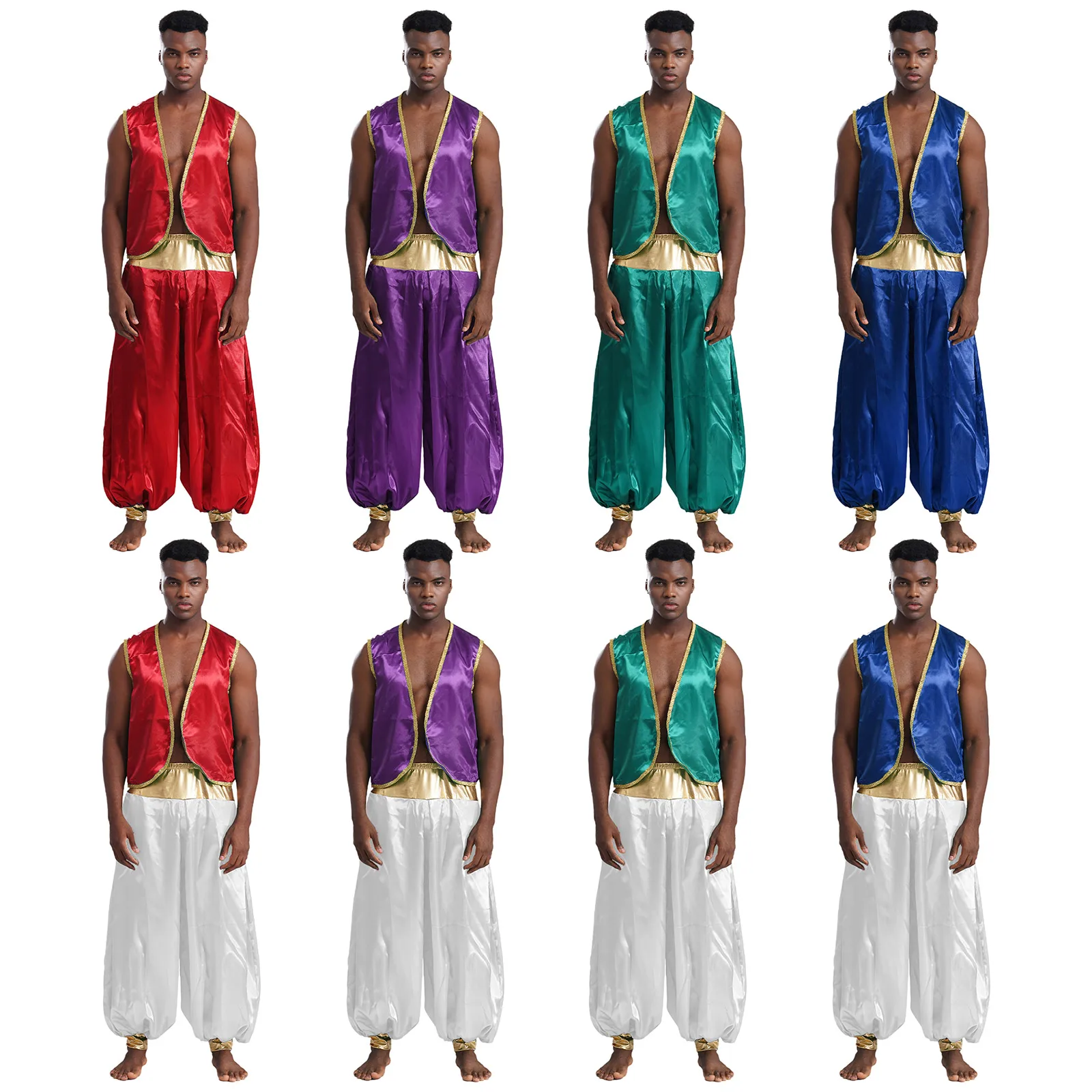 Halloween Heren Arabische Indiase Prins Cosplay Kostuum Vlekvest Glanzend Gouden Afwerking Vest met Patchwork Lantaarn Lange Broek Sets