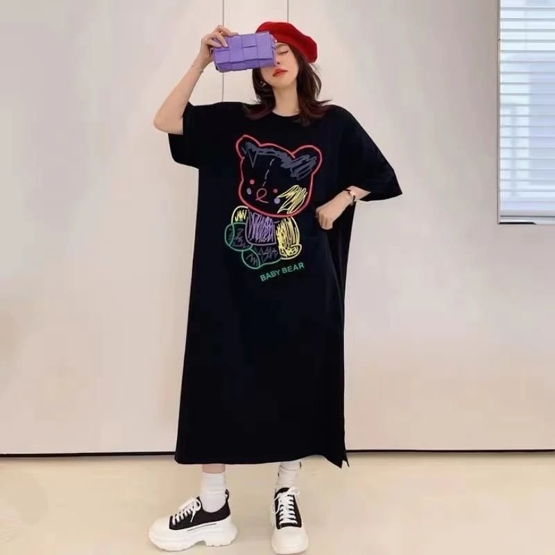

Women's Summer Short Sleeved Cute Cartoon Printing T-shirt Nightgown Dress Loose Mid Length Over Knee Dress Homewear Pajamas