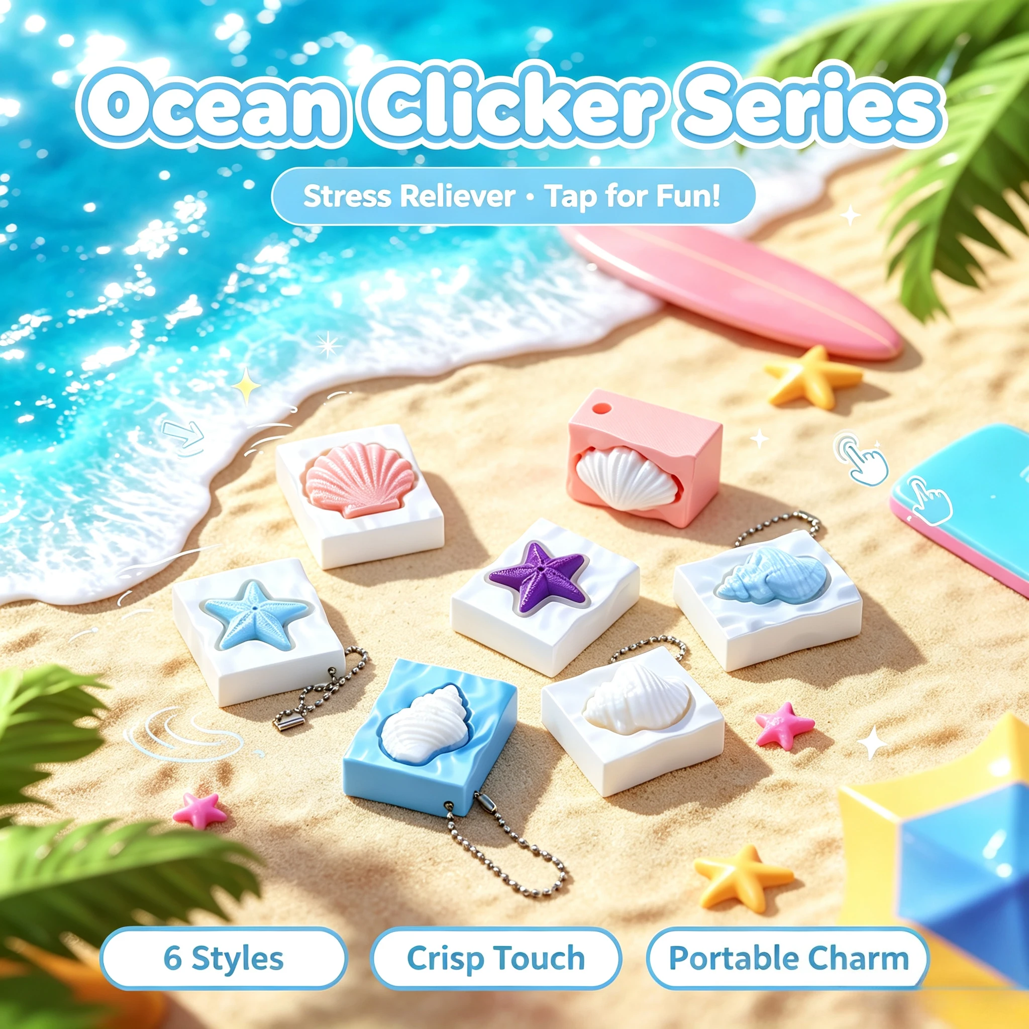 Sea Star Fidget Keyboard Keychain 3D Printed Seashell Fidget Clicker Anti Stress Sensory Sound Keyring New Year Christmas Gift