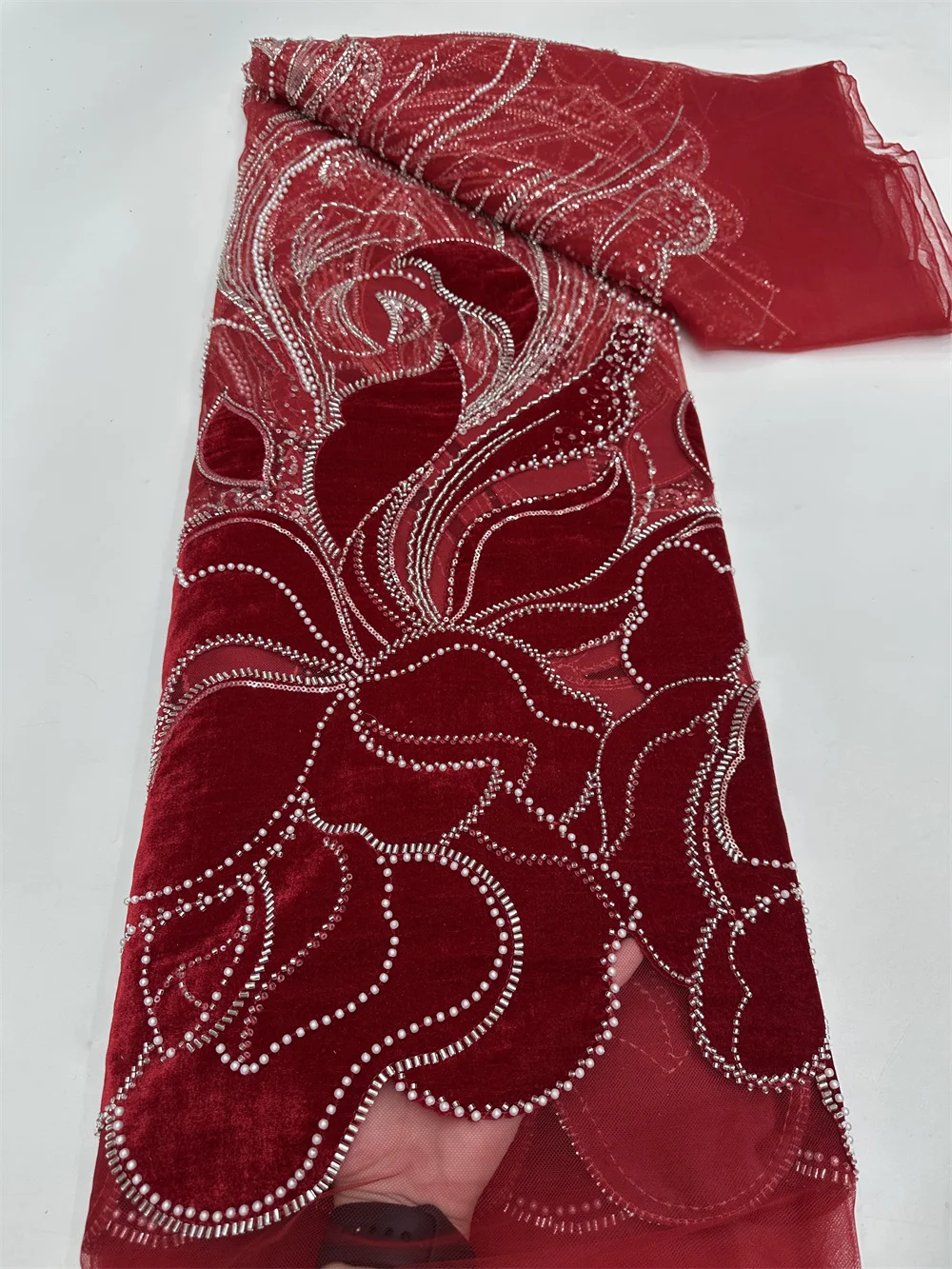 

African Nigeria 2025 High-Quality Velvet Beaded Sequins French Tulle Lace Fabric Dress Nigerian 5 Yards For Wedding Party Women