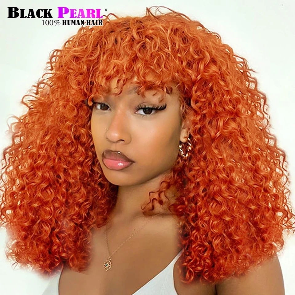 Black Pearl Ginger Jerry Curly Short Pixie Bob Cut Remy Human Hair Wigs With Bangs  Orange Machine Made Wigs For Black Women