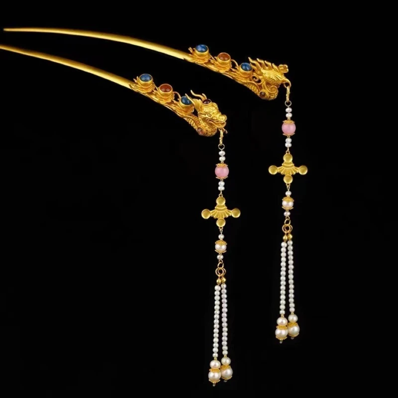 

Chinese Court Style Copper Gold-plated Imitation Ming Dynasty Dragon and Phoenix Women's Hairpin and Step Rocking Hair Accessory