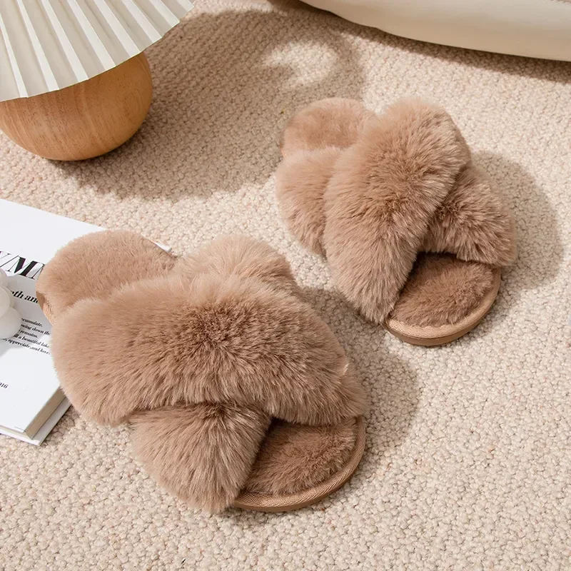 Winter Women Home Indoor Casual Fuzzy Slippers Female Flip Flops Fluffy Shoes Cross Slides Ladies Soft Plush Slippers Female