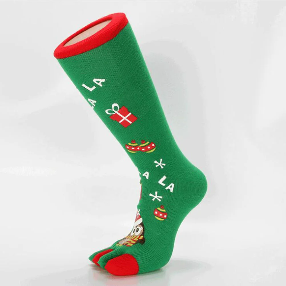 1 Pair Christmas Toe Socks Xmas Socks Five Fingers Long Socks Owl Printing Socks (Green) - Free Size