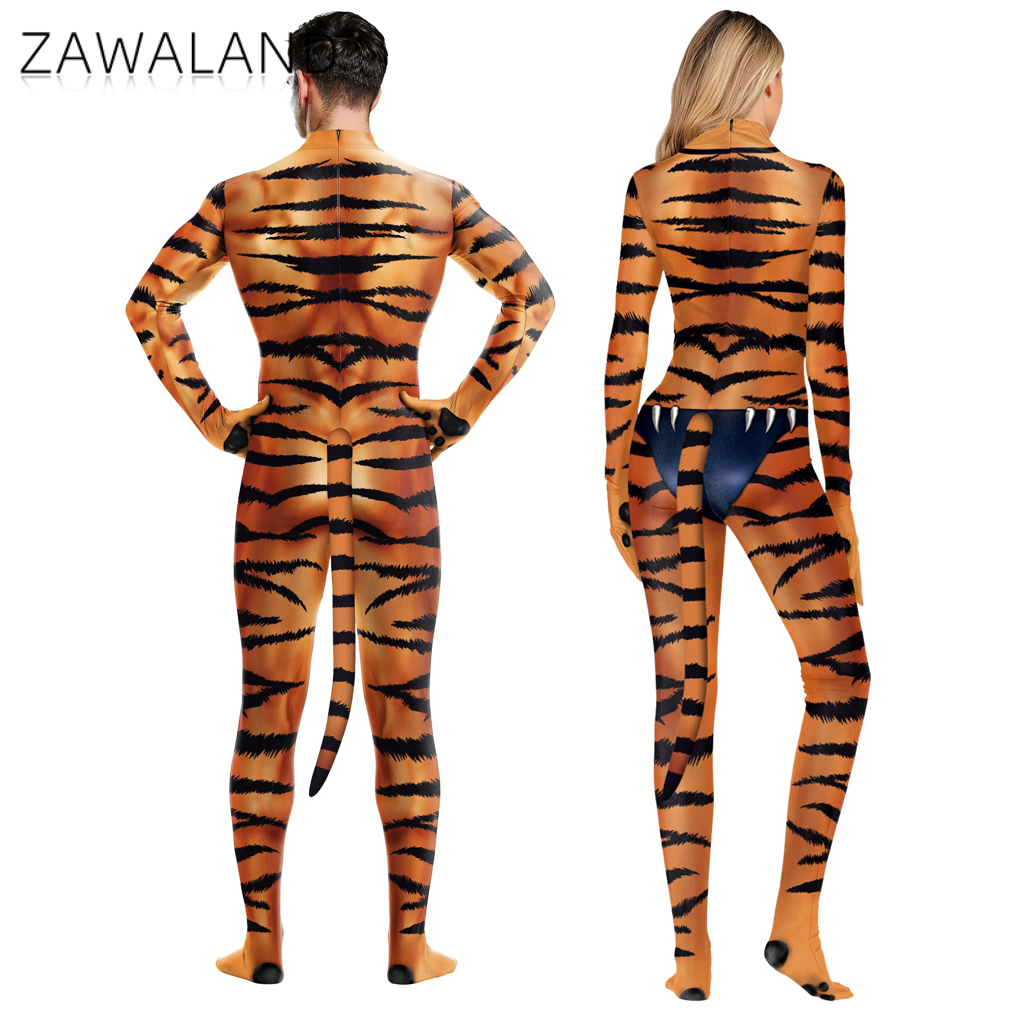 Zawaland Festival Party Jumpsuit Whole Costumes 3D Leopard Printed Catsuit with Tail Zentai Cosplay Costume Fitness Outfit