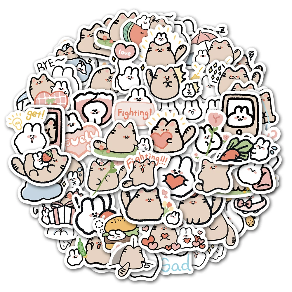 60st Schattige Kat & Konijn Kawaii Stickers Vintage Voor Diy Kids Notebook Bagage Motorfiets Laptop Koelkast Stickers Graffiti