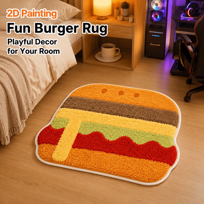 VIKAMA Funny Burger Food Gift Irregular Shaped Rug Soft Plush Non-Slip Washable Absorbent Bedroom Bedside Mat Holiday Home Decor