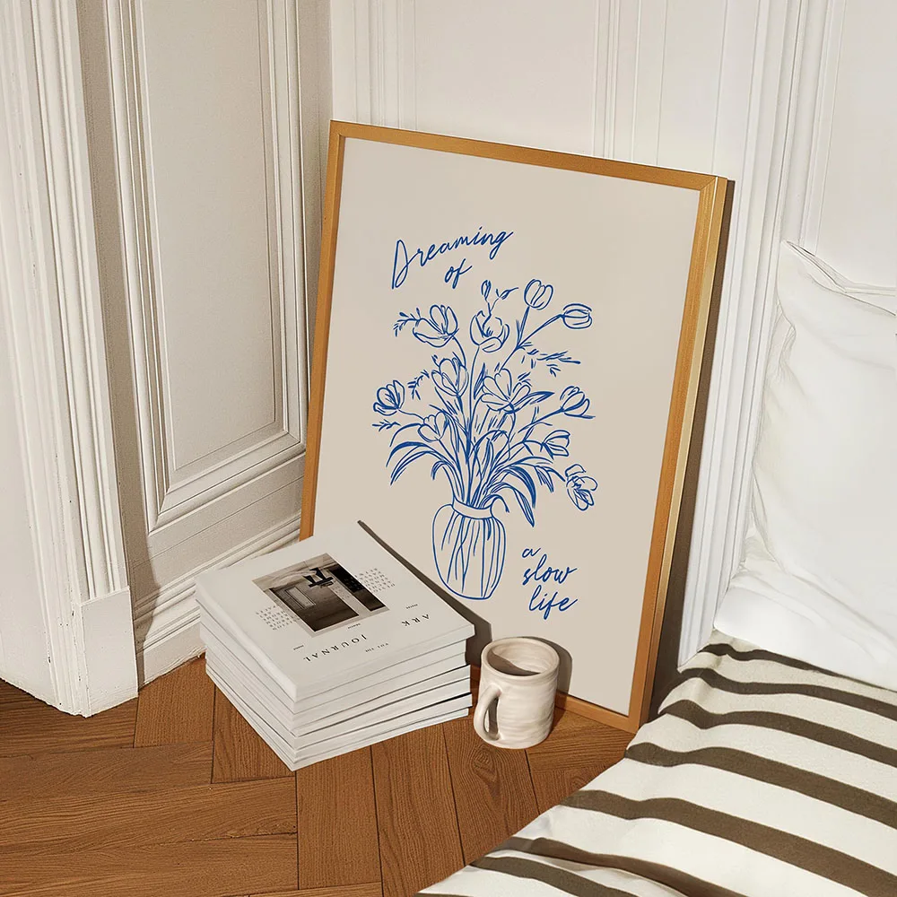 in Vase Poster Canvas Painting Print line Art Plant Still life Drawing Home Kitchen Bar Room Minimalist Aesthetics blue Flowers