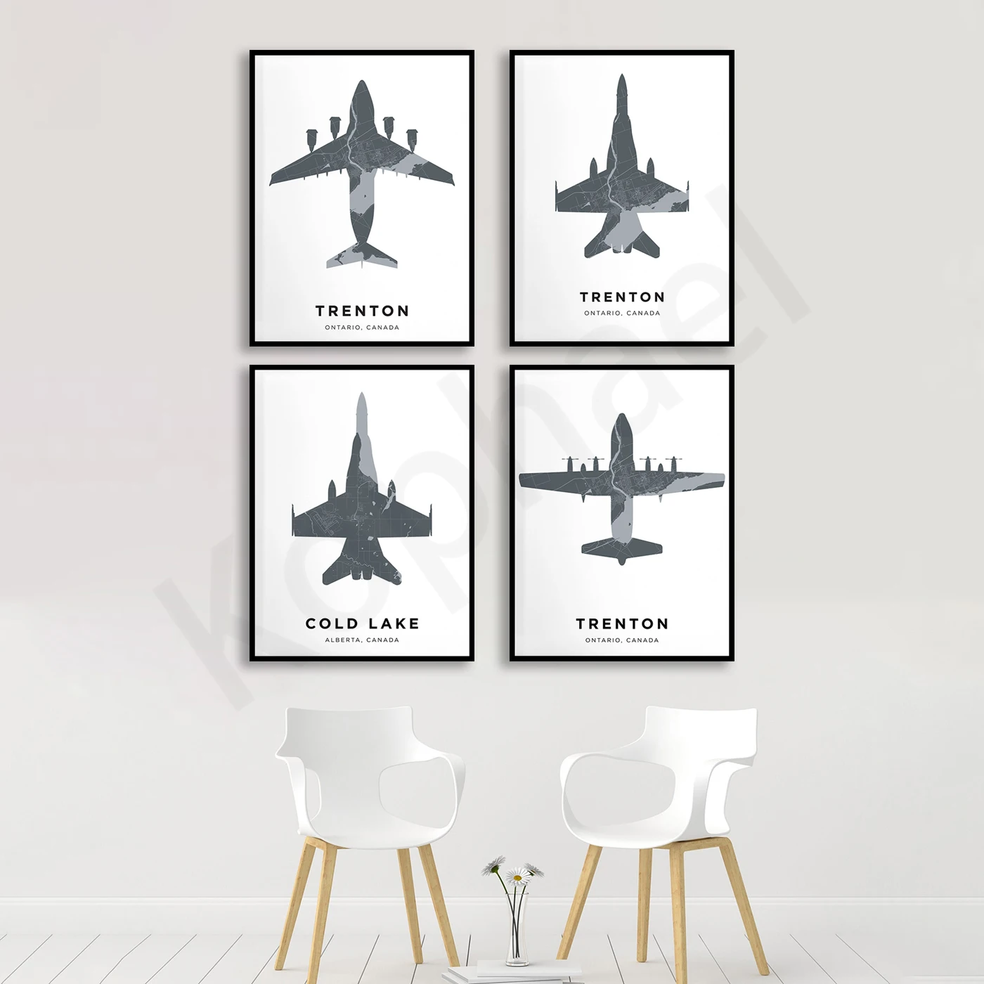 Trenton Ontario Cold Lake Alberta. Travel Scenery Airplane Map Poster. Home Wall Decor Art