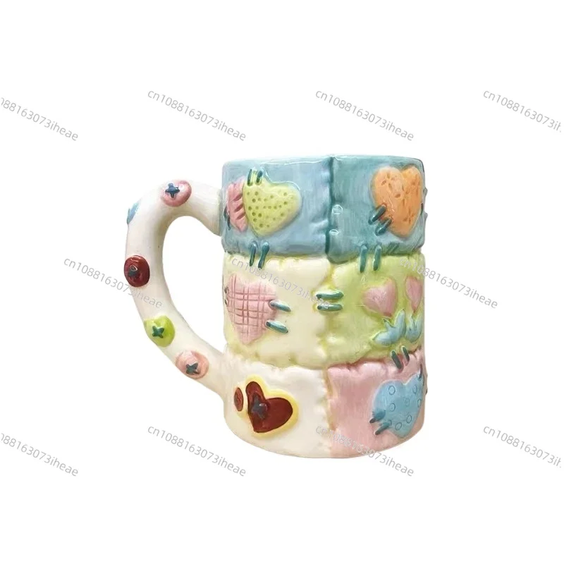 Patchwork color block love girl heart high temperature resistant ceramic with lid water cup cup gift