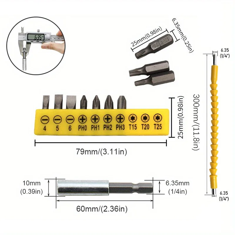 Set di 12 punte per albero di prolunga flessibile e cacciavite, testa esagonale da 1/4", punta dell'albero di trasmissione per il miglioramento della casa, ecc.